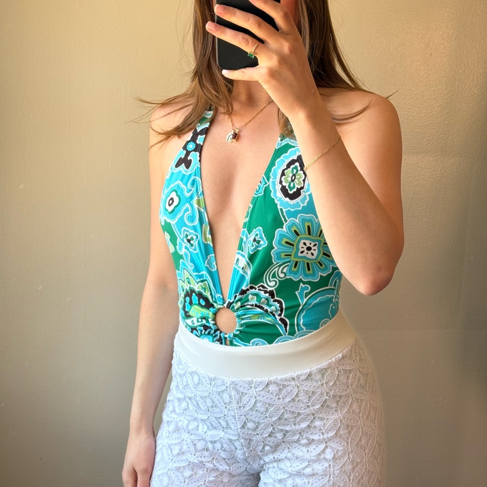 Banana Republic Teal & White Floral Halter One-Piece Swimsuit